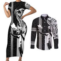 Hawaii Oahu Island Couples Matching Short Sleeve Bodycon Dress and Long Sleeve Button Shirts Hawaiian King and Kakau Symbols Abstract Shoulder Tattoo LT03 Black - Polynesian Pride