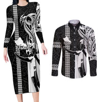 Custom Hawaii Oahu Island Couples Matching Long Sleeve Bodycon Dress and Long Sleeve Button Shirts Hawaiian King and Kakau Symbols Abstract Shoulder Tattoo LT03 Black - Polynesian Pride