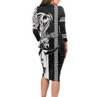 Custom Hawaii Oahu Island Long Sleeve Bodycon Dress Hawaiian King and Kakau Symbols Abstract Shoulder Tattoo LT03 - Polynesian Pride