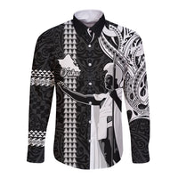Custom Hawaii Oahu Island Long Sleeve Button Shirt Hawaiian King and Kakau Symbols Abstract Shoulder Tattoo LT03 Unisex Black - Polynesian Pride