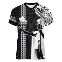 Custom Hawaii Oahu Island Women V Neck T Shirt Hawaiian King and Kakau Symbols Abstract Shoulder Tattoo LT03 Female Black - Polynesian Pride