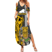 Hawaii Kahoolawe Island Family Matching Summer Maxi Dress and Hawaiian Shirt Hawaiian Warrior and Kakau Symbols Abstract Tattoo LT03 Mom's Dress Yellow - Polynesian Pride