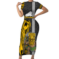 Hawaii Kahoolawe Island Short Sleeve Bodycon Dress Hawaiian Warrior and Kakau Symbols Abstract Tattoo LT03 Long Dress Yellow - Polynesian Pride
