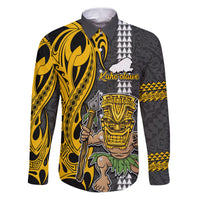 Custom Hawaii Kahoolawe Island Family Matching Puletasi Dress and Hawaiian Shirt Hawaiian Warrior and Kakau Symbols Abstract Tattoo LT03 Dad's Shirt - Long Sleeve Yellow - Polynesian Pride