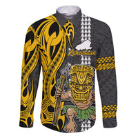 Custom Hawaii Kahoolawe Island Family Matching Summer Maxi Dress and Hawaiian Shirt Hawaiian Warrior and Kakau Symbols Abstract Tattoo LT03 Dad's Shirt - Long Sleeve Yellow - Polynesian Pride