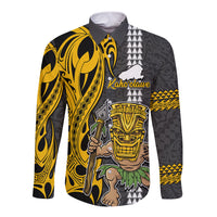 Custom Hawaii Kahoolawe Island Long Sleeve Button Shirt Hawaiian Warrior and Kakau Symbols Abstract Tattoo LT03 Unisex Yellow - Polynesian Pride