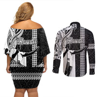 Hawaii Kahoolawe Island Couples Matching Off Shoulder Short Dress and Long Sleeve Button Shirts Hawaiian King and Kakau Symbols Abstract Shoulder Tattoo LT03 - Polynesian Pride