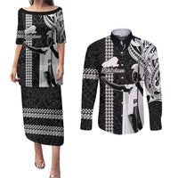 Hawaii Kahoolawe Island Couples Matching Puletasi Dress and Long Sleeve Button Shirts Hawaiian King and Kakau Symbols Abstract Shoulder Tattoo LT03 Black - Polynesian Pride