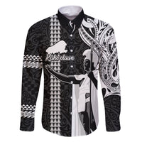 Hawaii Kahoolawe Island Family Matching Short Sleeve Bodycon Dress and Hawaiian Shirt Hawaiian King and Kakau Symbols Abstract Shoulder Tattoo LT03 Dad's Shirt - Long Sleeve Black - Polynesian Pride