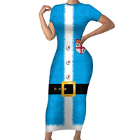 Fiji Merry Christmas Short Sleeve Bodycon Dress Santa Suit Style With Tapa Tribal Pattern LT03 Long Dress Blue - Polynesian Pride