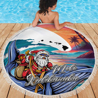 Hawaiian Mele Kalikimaka Beach Blanket Santa Claus Driving The Whale with Sunset Ocean Landscape