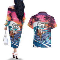 Hawaiian Mele Kalikimaka Couples Matching Off The Shoulder Long Sleeve Dress and Hawaiian Shirt Santa Claus Driving The Whale with Sunset Ocean Landscape
