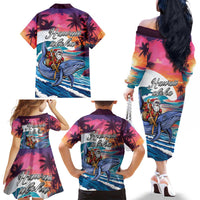 Hawaiian Mele Kalikimaka Family Matching Off The Shoulder Long Sleeve Dress and Hawaiian Shirt Santa Claus Driving The Whale with Sunset Ocean Landscape