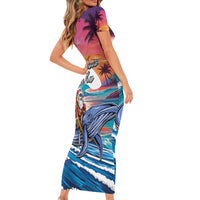 Hawaiian Mele Kalikimaka Family Matching Short Sleeve Bodycon Dress and Hawaiian Shirt Santa Claus Driving The Whale with Sunset Ocean Landscape LT03 - Polynesian Pride