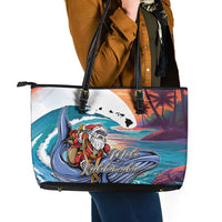 Hawaiian Mele Kalikimaka Leather Tote Bag Santa Claus Driving The Whale with Sunset Ocean Landscape