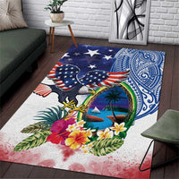 Guam and United States Together Area Rug Bald Eagle and Guam Seal with Flower and Tribal Tattoos - Polynesian Pride