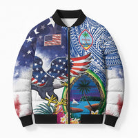 Guam and United States Together Bomber Puffer Jacket Bald Eagle and Guam Seal with Flower and Tribal Tattoos - Polynesian Pride