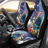 Guam and United States Together Car Seat Cover Bald Eagle and Guam Seal with Flower and Tribal Tattoos - Polynesian Pride