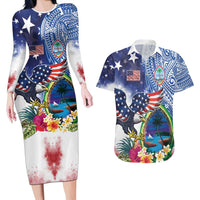 Guam and United States Together Couples Matching Long Sleeve Bodycon Dress and Hawaiian Shirt Bald Eagle and Guam Seal with Flower and Tribal Tattoos - Polynesian Pride