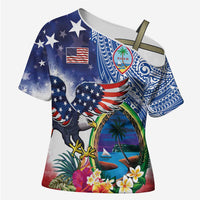 Guam and United States Together Cross Shoulder Shirt Bald Eagle and Guam Seal with Flower and Tribal Tattoos LT03 Female Multicolor - Polynesian Pride