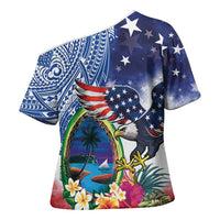 Guam and United States Together Cross Shoulder Shirt Bald Eagle and Guam Seal with Flower and Tribal Tattoos LT03 - Polynesian Pride