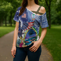 Guam and United States Together Cross Shoulder Shirt Bald Eagle and Guam Seal with Flower and Tribal Tattoos LT03 - Polynesian Pride