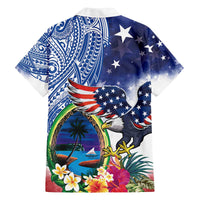 Guam and United States Together Family Matching Off The Shoulder Long Sleeve Dress and Hawaiian Shirt Bald Eagle and Guam Seal with Flower and Tribal Tattoos - Polynesian Pride