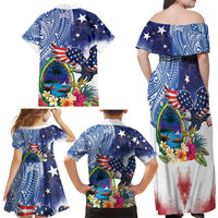 Guam and United States Together Family Matching Off Shoulder Maxi Dress and Hawaiian Shirt Bald Eagle and Guam Seal with Flower and Tribal Tattoos - Polynesian Pride