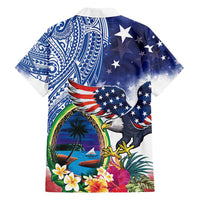 Guam and United States Together Family Matching Off Shoulder Short Dress and Hawaiian Shirt Bald Eagle and Guam Seal with Flower and Tribal Tattoos - Polynesian Pride