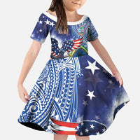 Guam and United States Together Family Matching Short Sleeve Bodycon Dress and Hawaiian Shirt Bald Eagle and Guam Seal with Flower and Tribal Tattoos - Polynesian Pride