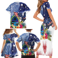 Guam and United States Together Family Matching Short Sleeve Bodycon Dress and Hawaiian Shirt Bald Eagle and Guam Seal with Flower and Tribal Tattoos LT03 - Polynesian Pride