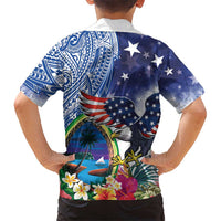 Guam and United States Together Family Matching Tank Maxi Dress and Hawaiian Shirt Bald Eagle and Guam Seal with Flower and Tribal Tattoos - Polynesian Pride
