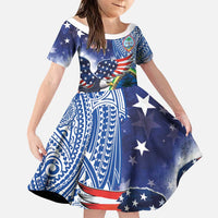 Guam and United States Together Family Matching Tank Maxi Dress and Hawaiian Shirt Bald Eagle and Guam Seal with Flower and Tribal Tattoos - Polynesian Pride