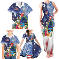 Guam and United States Together Family Matching Tank Maxi Dress and Hawaiian Shirt Bald Eagle and Guam Seal with Flower and Tribal Tattoos - Polynesian Pride