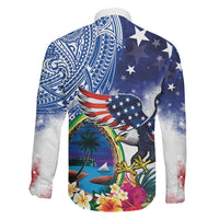 Guam and United States Together Family Matching Tank Maxi Dress and Hawaiian Shirt Bald Eagle and Guam Seal with Flower and Tribal Tattoos - Polynesian Pride