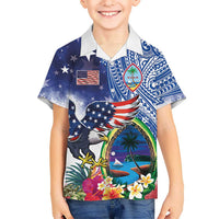 Guam and United States Together Family Matching Tank Maxi Dress and Hawaiian Shirt Bald Eagle and Guam Seal with Flower and Tribal Tattoos - Polynesian Pride