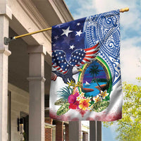 Guam and United States Together Garden Flag Bald Eagle and Guam Seal with Flower and Tribal Tattoos - Polynesian Pride