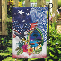 Guam and United States Together Garden Flag Bald Eagle and Guam Seal with Flower and Tribal Tattoos - Polynesian Pride