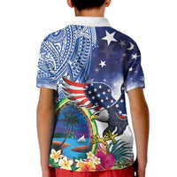 Guam and United States Together Kid Polo Shirt Bald Eagle and Guam Seal with Flower and Tribal Tattoos - Polynesian Pride