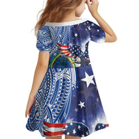 Guam and United States Together Kid Short Sleeve Dress Bald Eagle and Guam Seal with Flower and Tribal Tattoos - Polynesian Pride