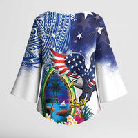 Guam and United States Together Kimono Sleeve Blouse Bald Eagle and Guam Seal with Flower and Tribal Tattoos - Polynesian Pride