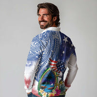 Guam and United States Together Long Sleeve Polo Shirt Bald Eagle and Guam Seal with Flower and Tribal Tattoos - Polynesian Pride