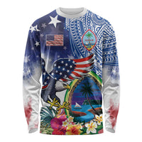Guam and United States Together Long Sleeve Shirt Bald Eagle and Guam Seal with Flower and Tribal Tattoos - Polynesian Pride