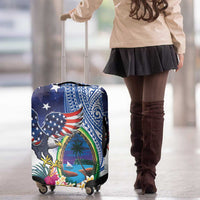 Guam and United States Together Luggage Cover Bald Eagle and Guam Seal with Flower and Tribal Tattoos - Polynesian Pride
