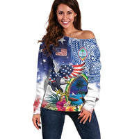 Guam and United States Together Off Shoulder Sweater Bald Eagle and Guam Seal with Flower and Tribal Tattoos - Polynesian Pride