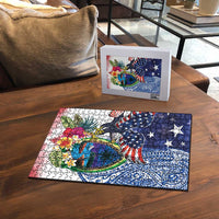 Guam and United States Together Puzzle Bald Eagle and Guam Seal with Flower and Tribal Tattoos - Polynesian Pride