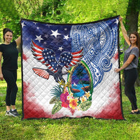 Guam and United States Together Quilt Bald Eagle and Guam Seal with Flower and Tribal Tattoos - Polynesian Pride