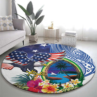 Guam and United States Together Round Carpet Bald Eagle and Guam Seal with Flower and Tribal Tattoos - Polynesian Pride