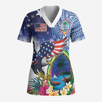 Guam and United States Together Scrub Top Bald Eagle and Guam Seal with Flower and Tribal Tattoos - Polynesian Pride