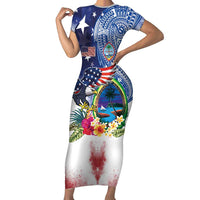 Guam and United States Together Short Sleeve Bodycon Dress Bald Eagle and Guam Seal with Flower and Tribal Tattoos - Polynesian Pride